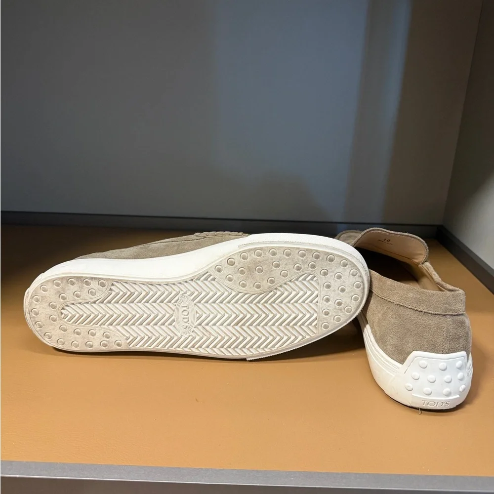 Tod's Taupe Suede Penny Loafers with White Rubber Sole